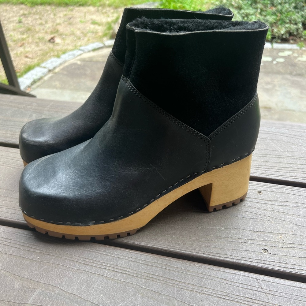 Black Leather & Suede Clog Ankle Boots with Wood Heel